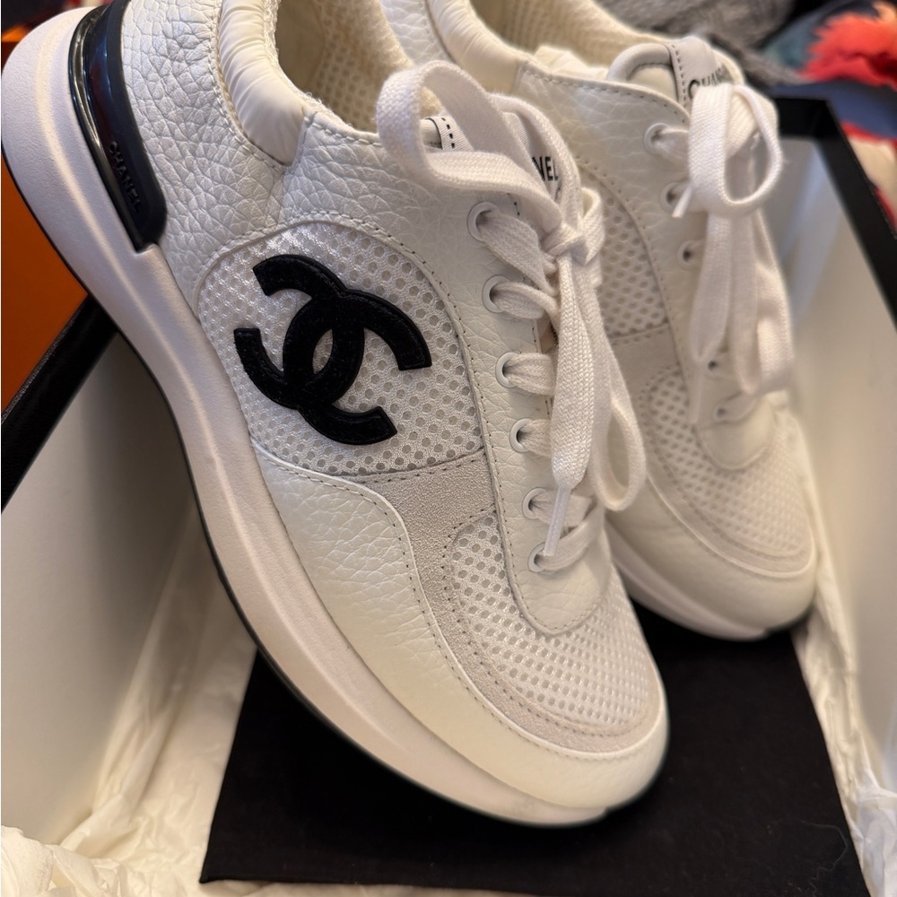 CHANEL White and Black Logo Sneakers